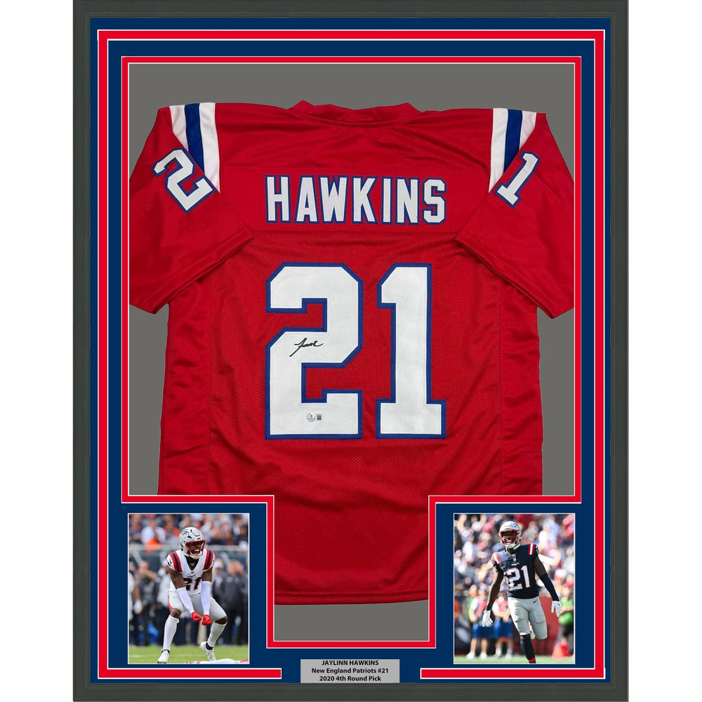 Framed Autographed/Signed Jaylinn Hawkins 35x39 New England Red Football Jersey Beckett BAS COA