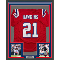 Framed Autographed/Signed Jaylinn Hawkins 35x39 New England Red Football Jersey Beckett BAS COA