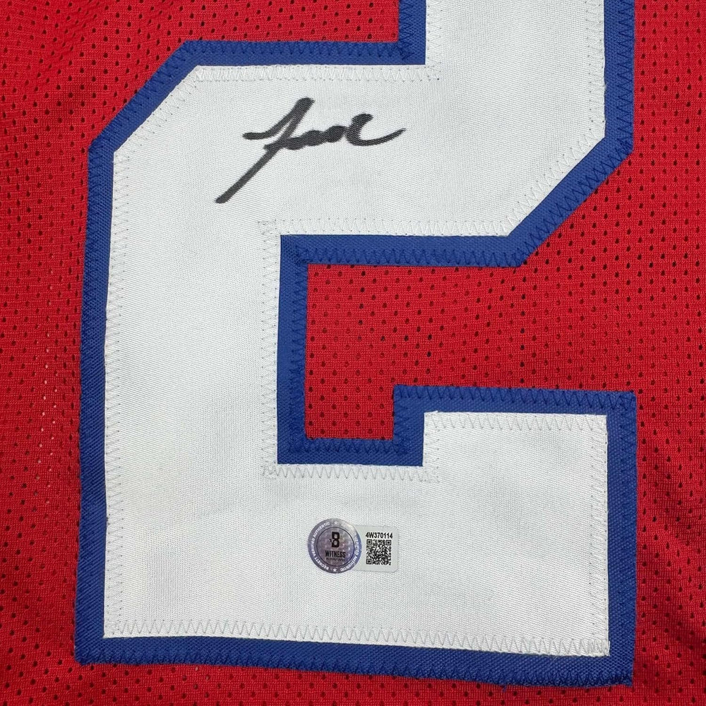 Framed Autographed/Signed Jaylinn Hawkins 35x39 New England Red Football Jersey Beckett BAS COA