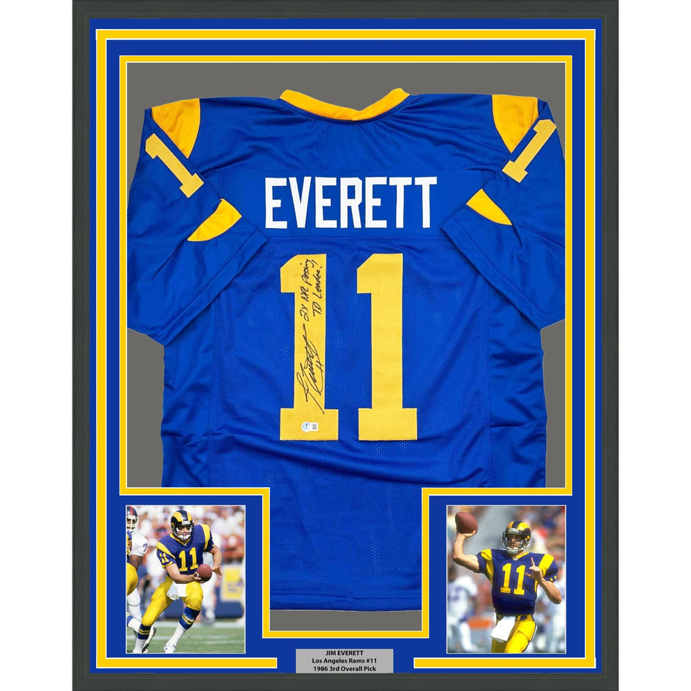 Framed Autographed/Signed Jim Everett 2x Passing TD Leader 35x39 Los Angeles LA Blue Football Jersey Beckett BAS COA