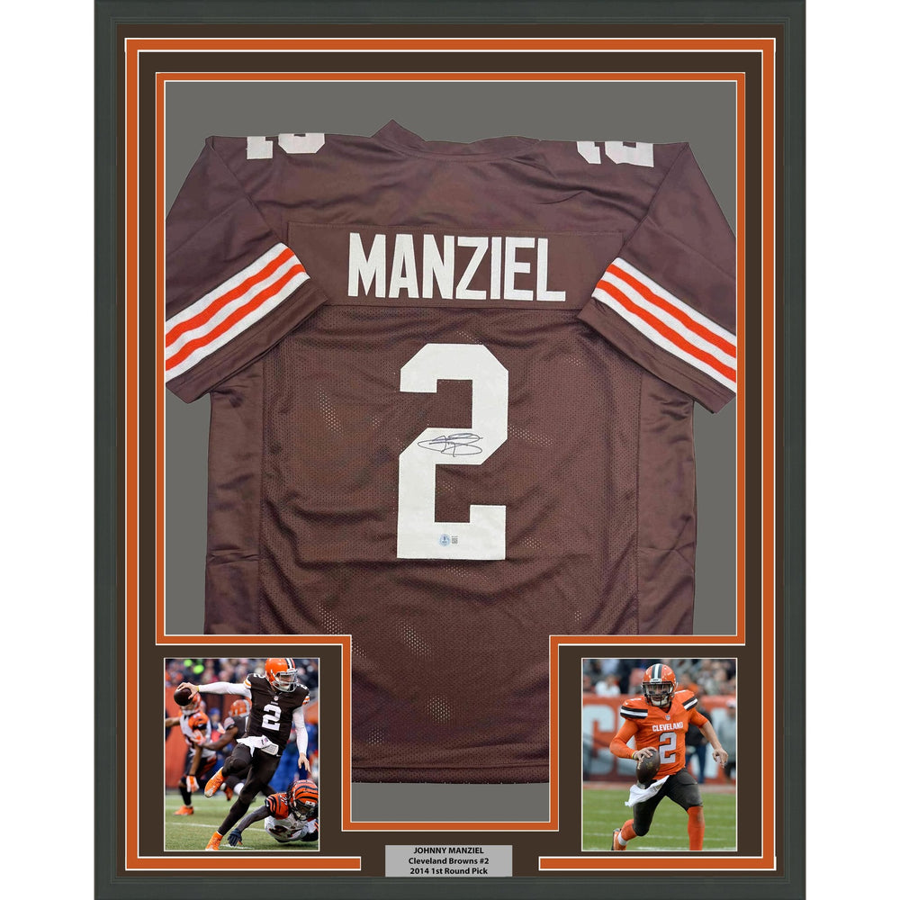 Framed Autographed/Signed Johnny Manziel 35x39 Cleveland Football Brown Jersey Beckett BAS COA