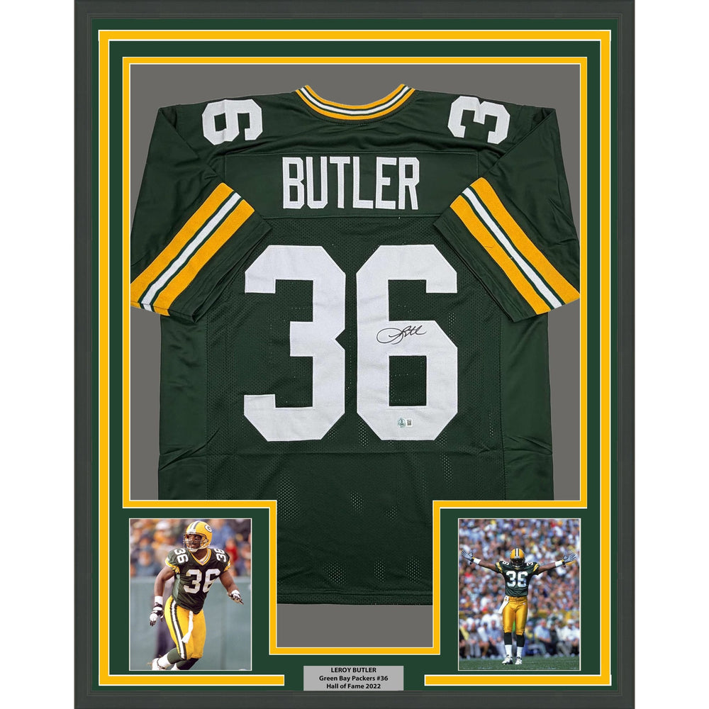 Framed Autographed/Signed Leroy Butler 35x39 Green Bay Green Football Jersey Beckett BAS COA