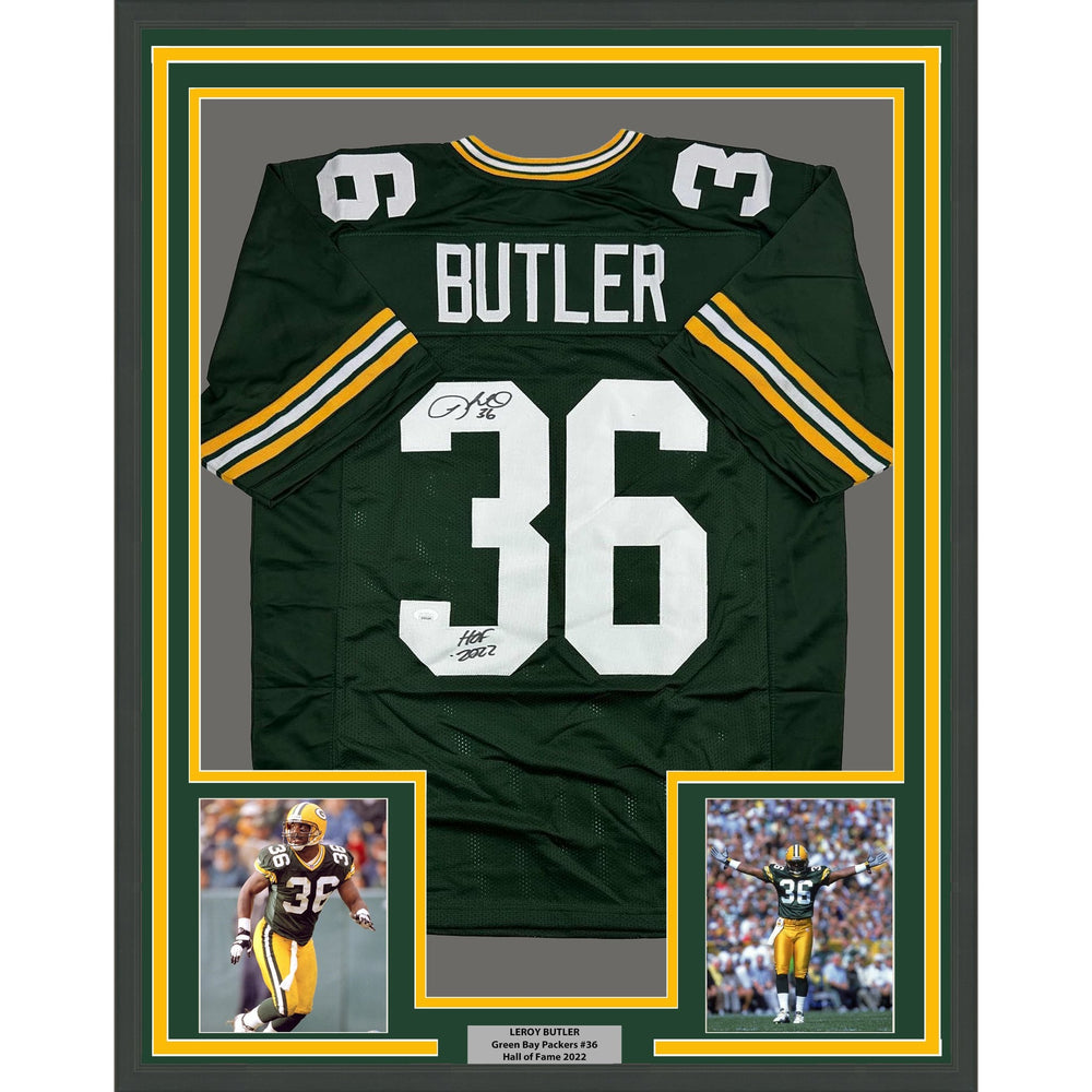 Framed Autographed/Signed Leroy Butler 35x39 HOF 2022 Green Bay Green Football Jersey JSA COA