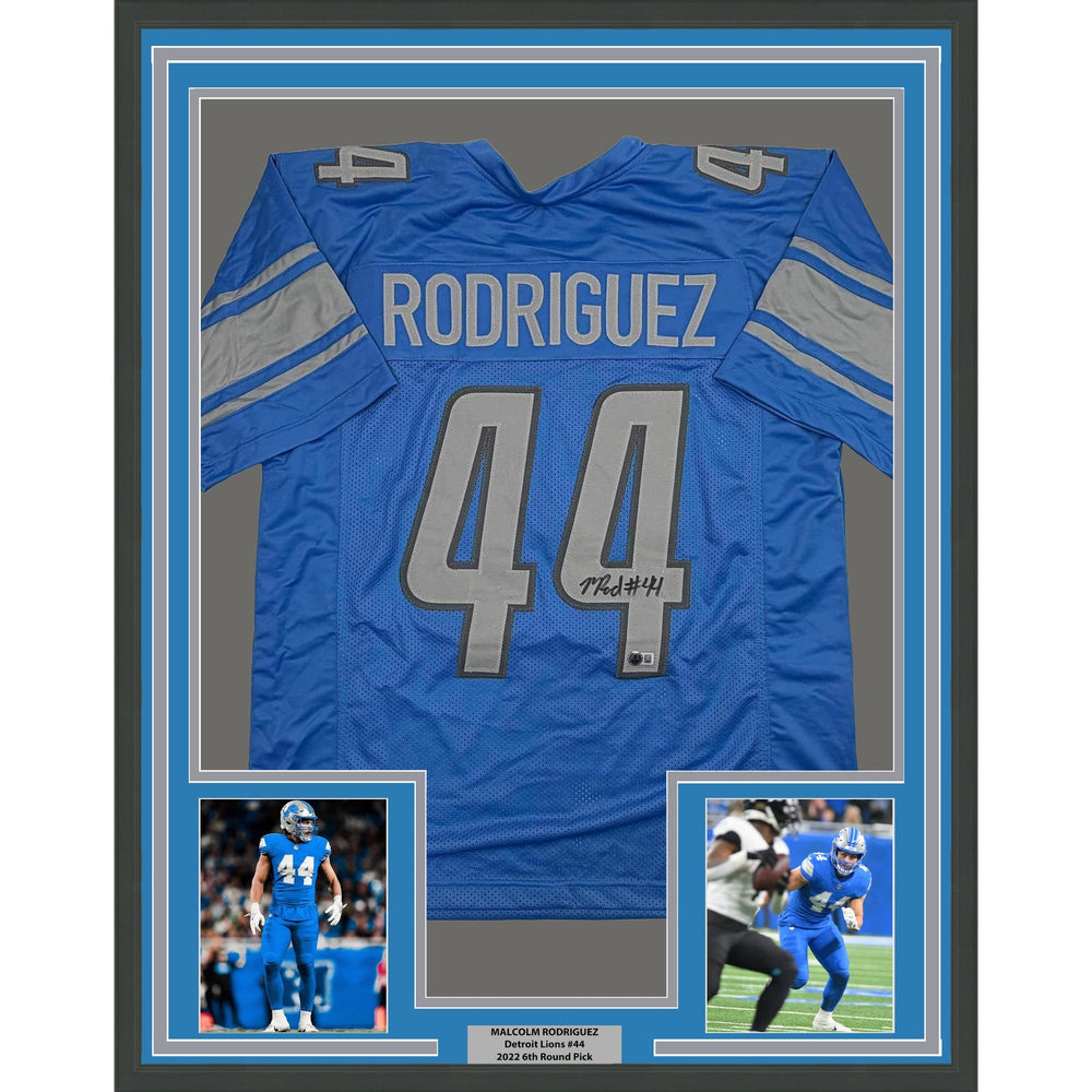 Framed Autographed/Signed Malcolm Rodriguez 35x39 Detroit Blue Football Jersey Beckett BAS COA