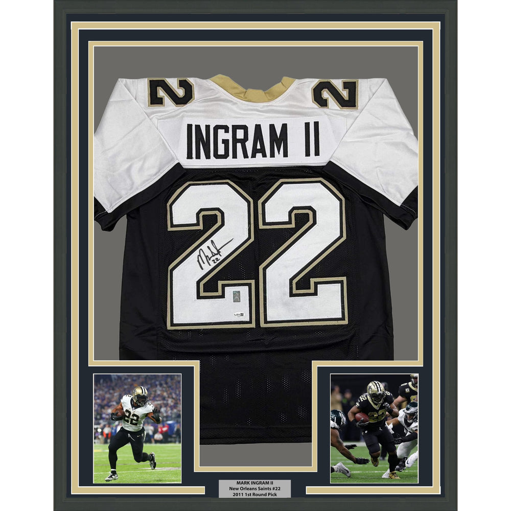 Framed Autographed/Signed Mark Ingram II 35x39 New Orleans Black Alternate Football Jersey JSA COA