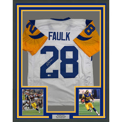 Framed Autographed/Signed Marshall Faulk 35x39 St. Louis Retro White Football Jersey Beckett BAS COA