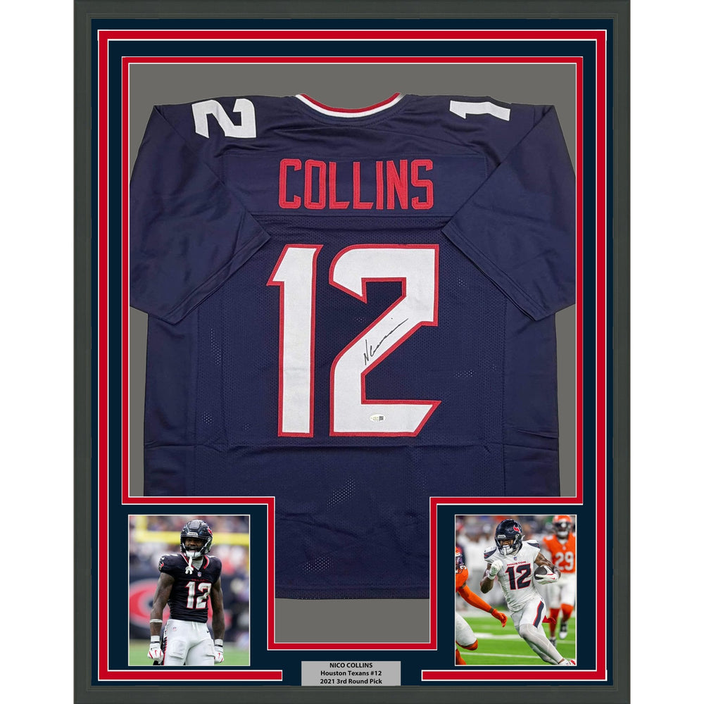 Framed Autographed/Signed Nico Collins 35x39 Houston Blue Current Football Jersey JSA COA