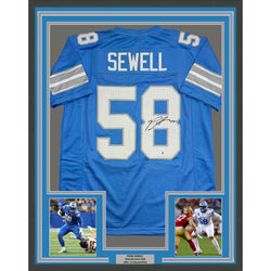 Framed Autographed/Signed Penei Sewell 35x39 Detroit Blue Current Football Jersey Beckett BAS COA