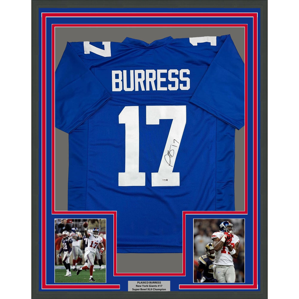 Framed Autographed/Signed Plaxico Burress 35x39 New York Blue Football Jersey JSA COA
