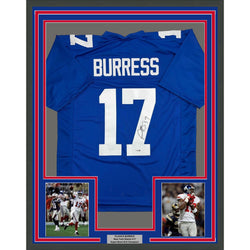 Framed Autographed/Signed Plaxico Burress 35x39 New York Blue Football Jersey JSA COA