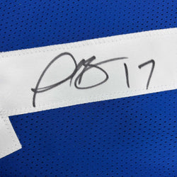 Framed Autographed/Signed Plaxico Burress 35x39 New York Blue Football Jersey JSA COA