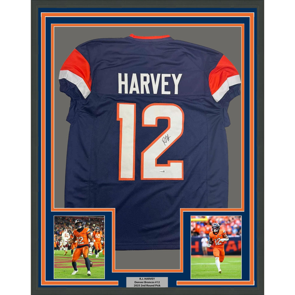 Framed Autographed/Signed R.J RJ Harvey 35x39 Denver Blue Football Jersey JSA COA