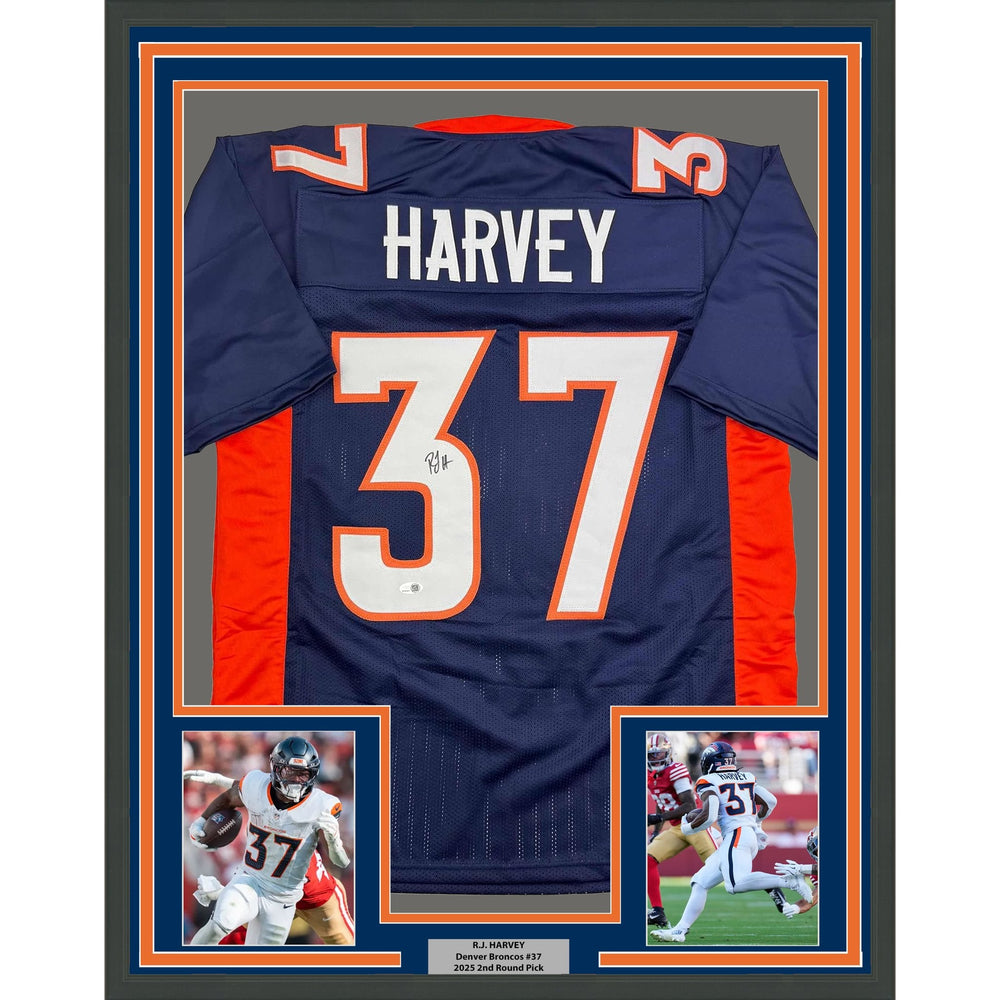 Framed Autographed/Signed R.J RJ Harvey 35x39 Denver Blue Football Jersey JSA COA