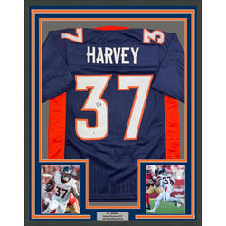 Framed Autographed/Signed R.J RJ Harvey 35x39 Denver Blue Football Jersey JSA COA
