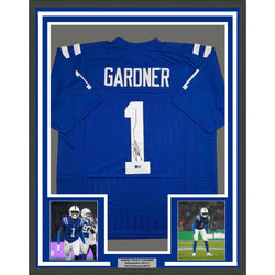 Framed Autographed/Signed Ahmad Sauce Gardner 35x39 Indianapolis Blue Football Jersey Beckett BAS COA