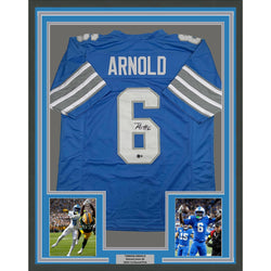 Framed Autographed/Signed Terrion Arnold 35x39 Detroit Blue Football Jersey Beckett BAS COA