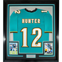 Framed Autographed/Signed Travis Hunter 35x39 Jacksonville Teal Retro Football Jersey Beckett BAS COA