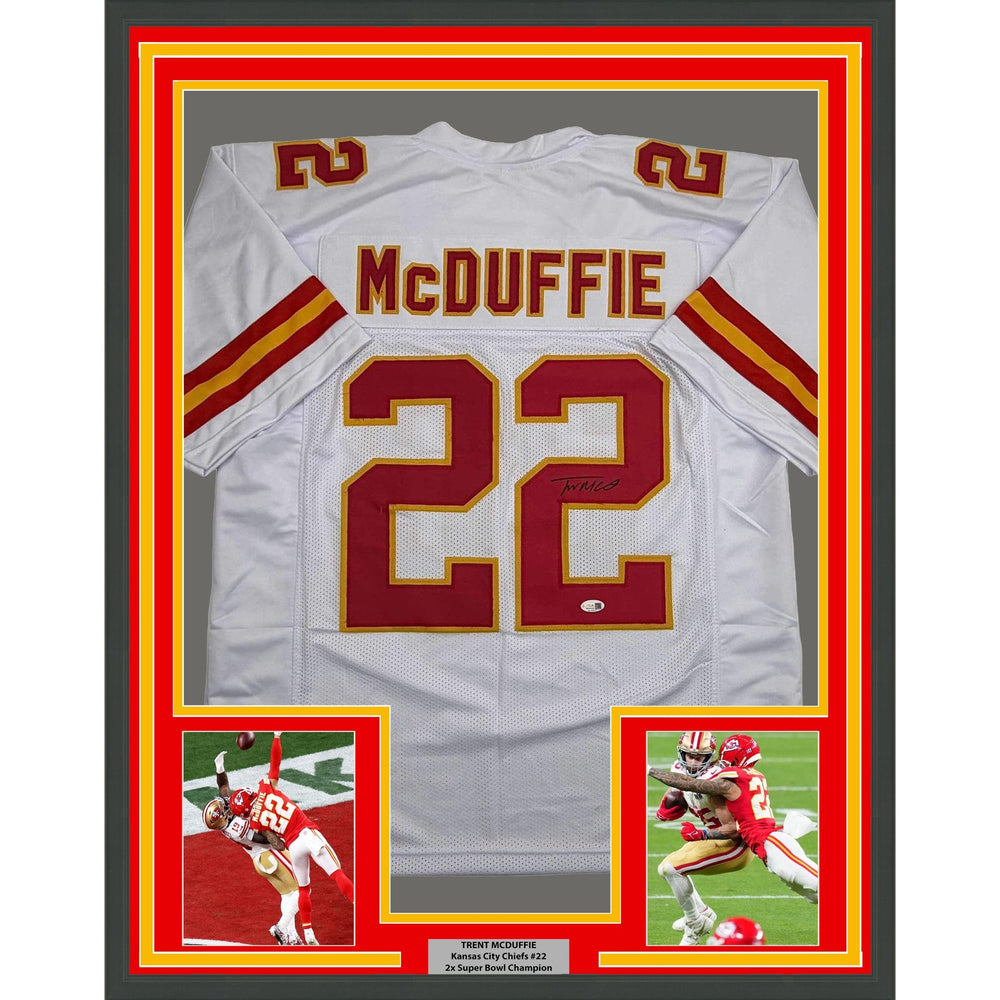 Framed Autographed/Signed Trent McDuffie 35x39 Kansas City White Football Jersey JSA COA