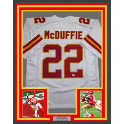 Framed Autographed/Signed Trent McDuffie 35x39 Kansas City White Football Jersey JSA COA