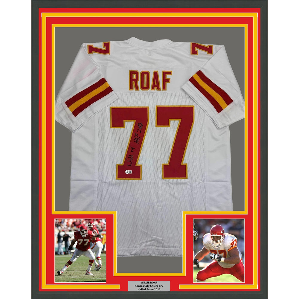 Framed Autographed/Signed Willie Roaf 35x39 HOF 2012 Kansas City White Football Jersey Beckett BAS COA