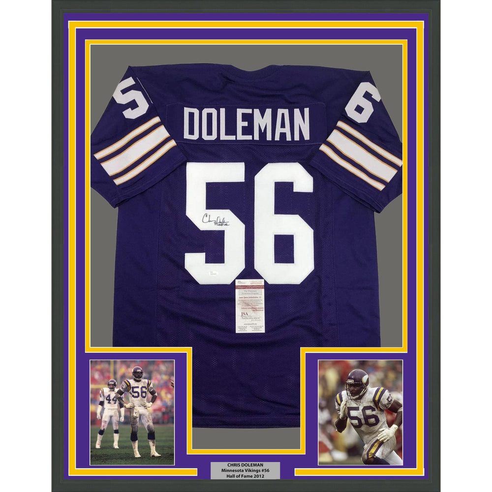 Framed Autographed/Signed Chris Doleman HOF 12 35x39 Minnesota Purple Football Jersey JSA COA