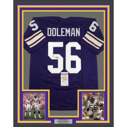 Framed Autographed/Signed Chris Doleman HOF 12 35x39 Minnesota Purple Football Jersey JSA COA