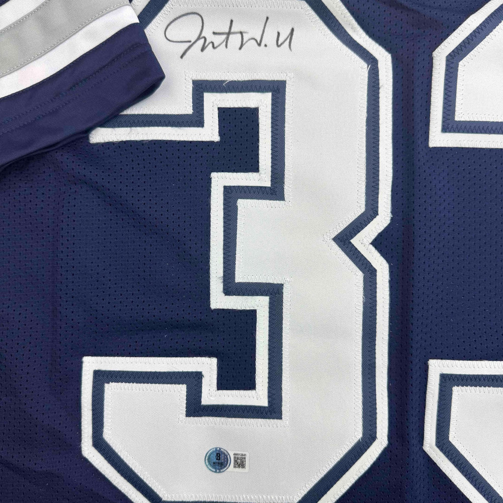 Autographed/Signed Javonte Williams Dallas Blue Football Jersey Beckett BAS COA