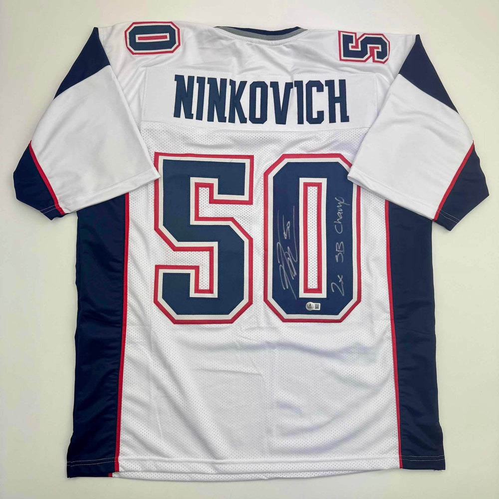 Autographed/Signed Rob Ninkovich "2x SB Champ" New England White Football Jersey Beckett BAS COA