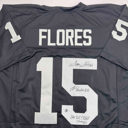 Autographed/Signed Tom Flores Las Vegas Oakland Black Football Jersey Beckett BAS COA