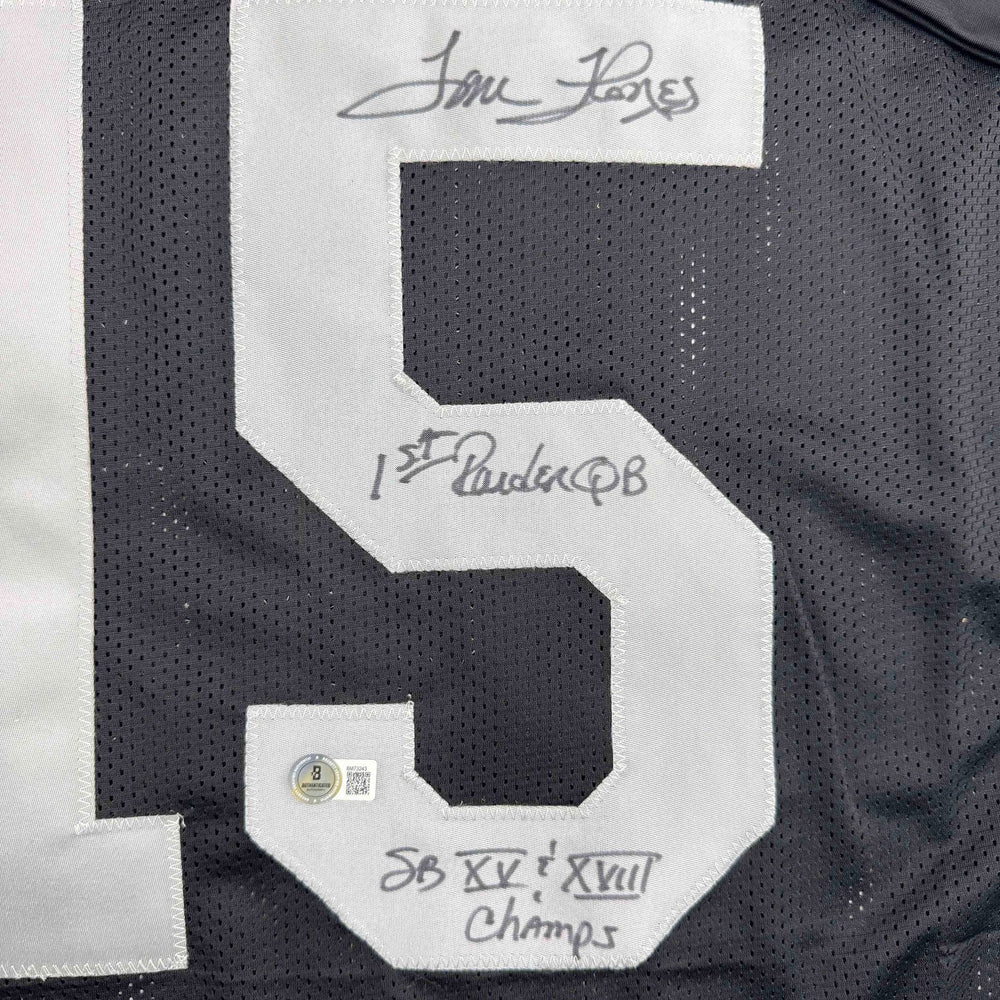 Autographed/Signed Tom Flores Las Vegas Oakland Black Football Jersey Beckett BAS COA