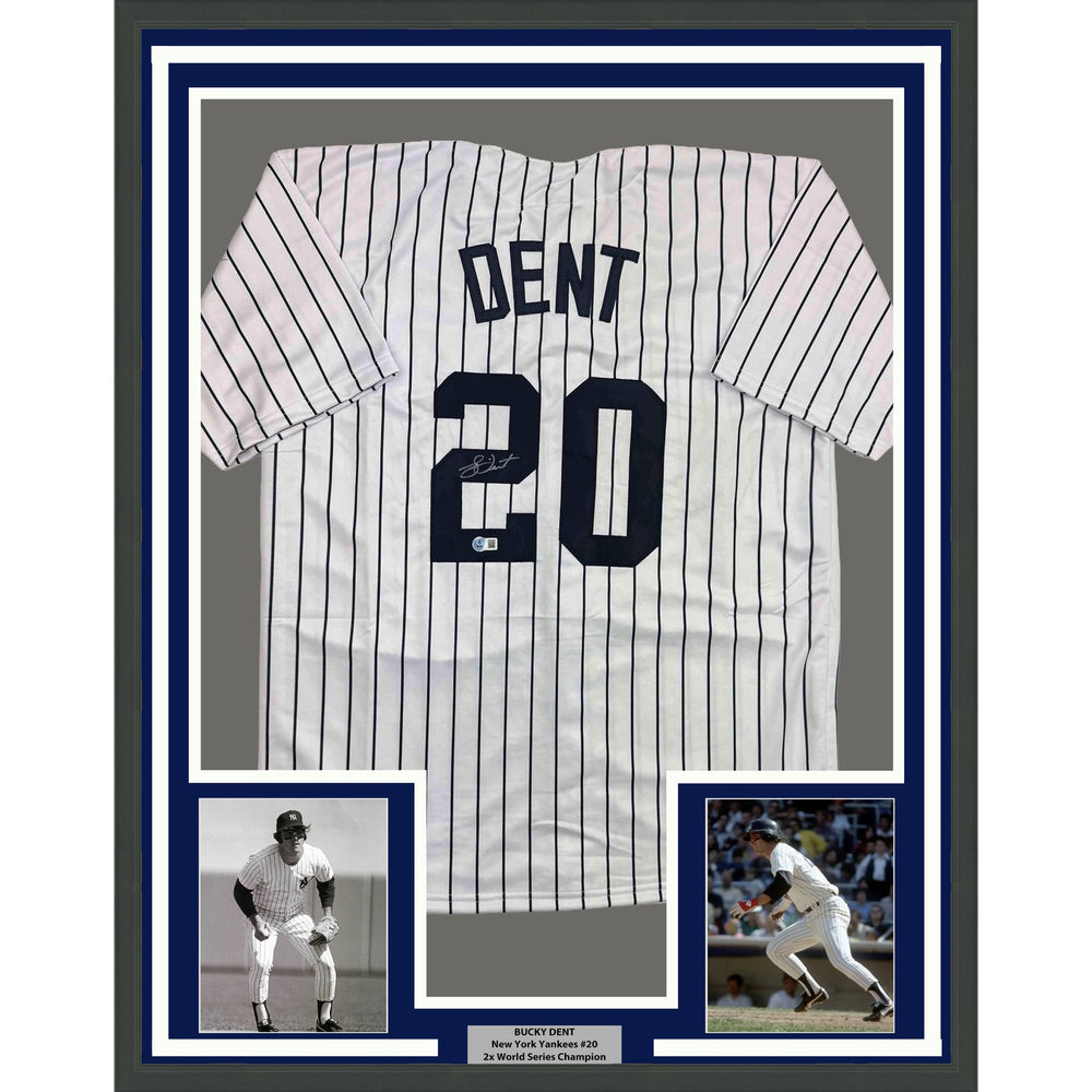 Framed Autographed/Signed Bucky Dent 35x39 New York Pinstripe Baseball Jersey Beckett BAS COA