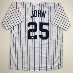 Autographed/Signed Tommy John New York Pinstripe Baseball Jersey Beckett BAS COA
