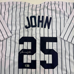Autographed/Signed Tommy John New York Pinstripe Baseball Jersey Beckett BAS COA