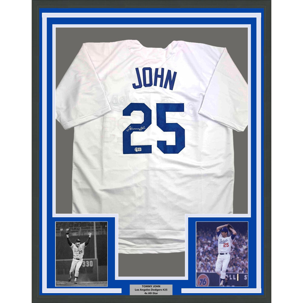 Framed Autographed/Signed Tommy John 35x39 Los Angeles White Baseball Jersey Beckett BAS COA