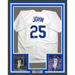 Framed Autographed/Signed Tommy John 35x39 Los Angeles White Baseball Jersey Beckett BAS COA