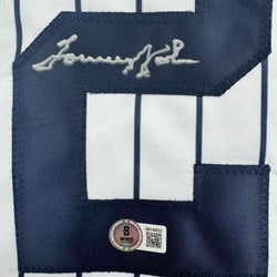Autographed/Signed Tommy John New York Pinstripe Baseball Jersey Beckett BAS COA