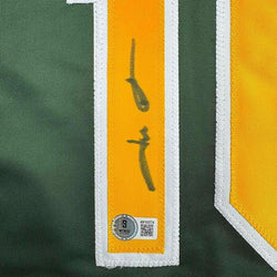 Framed Autographed/Signed Jason Giambi 35x39 Oakland Green Baseball Jersey Beckett BAS COA
