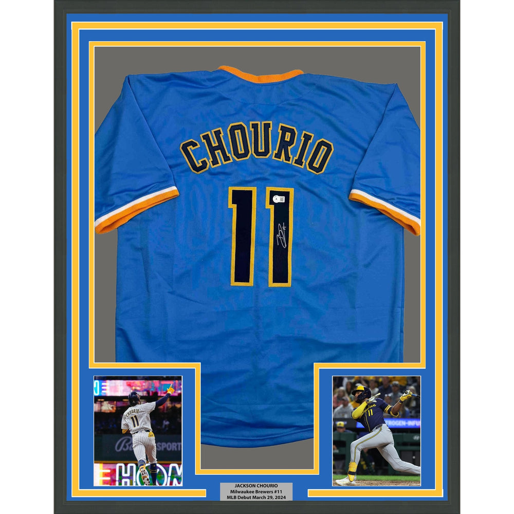 Framed Autographed/Signed Jackson Chourio 35x39 Milwaukee Blue Baseball Jersey Beckett BAS COA