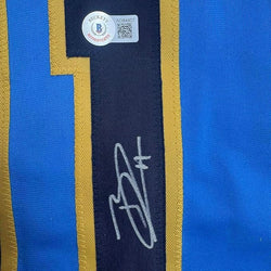 Framed Autographed/Signed Jackson Chourio 35x39 Milwaukee Blue Baseball Jersey Beckett BAS COA