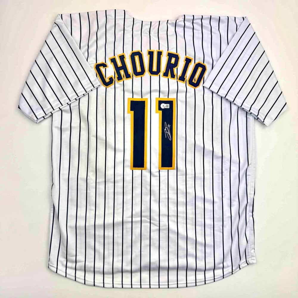 Autographed/Signed Jackson Chourio Milwaukee Pinstripe Baseball Jersey Beckett BAS COA