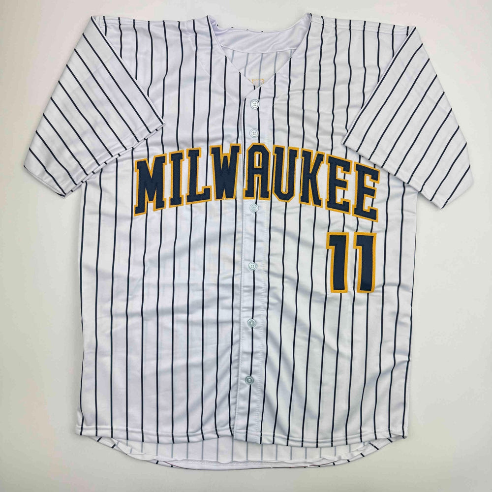 Autographed/Signed Jackson Chourio Milwaukee Pinstripe Baseball Jersey Beckett BAS COA