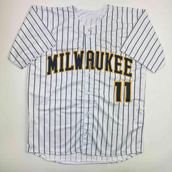 Autographed/Signed Jackson Chourio Milwaukee Pinstripe Baseball Jersey Beckett BAS COA
