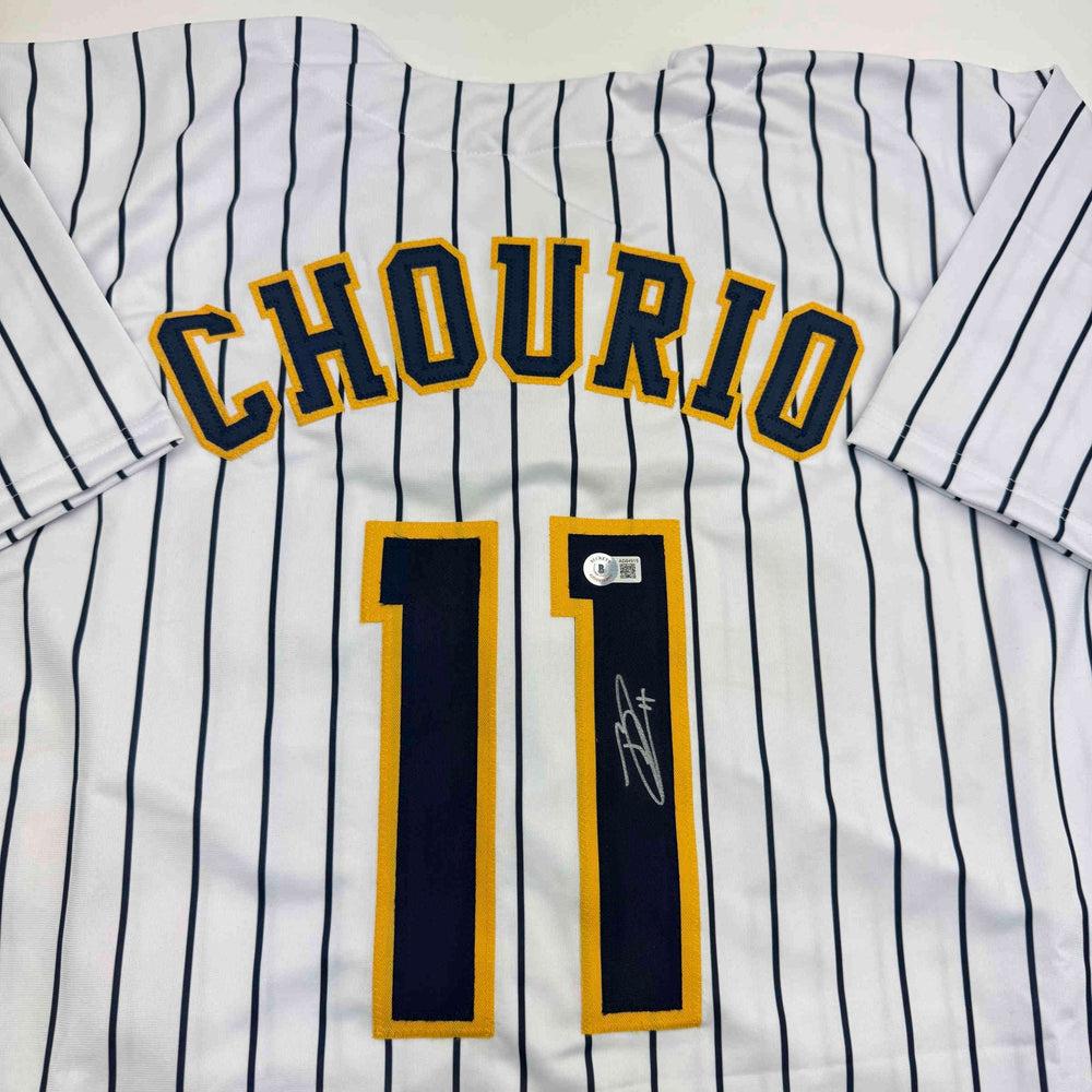 Autographed/Signed Jackson Chourio Milwaukee Pinstripe Baseball Jersey Beckett BAS COA