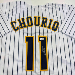 Autographed/Signed Jackson Chourio Milwaukee Pinstripe Baseball Jersey Beckett BAS COA