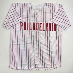 Autographed/Signed Bobby Abreu Philadelphia Pinstripe Baseball Jersey Beckett BAS COA