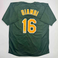 Autographed/Signed Jason Giambi Oakland Green Baseball Jersey Beckett BAS COA