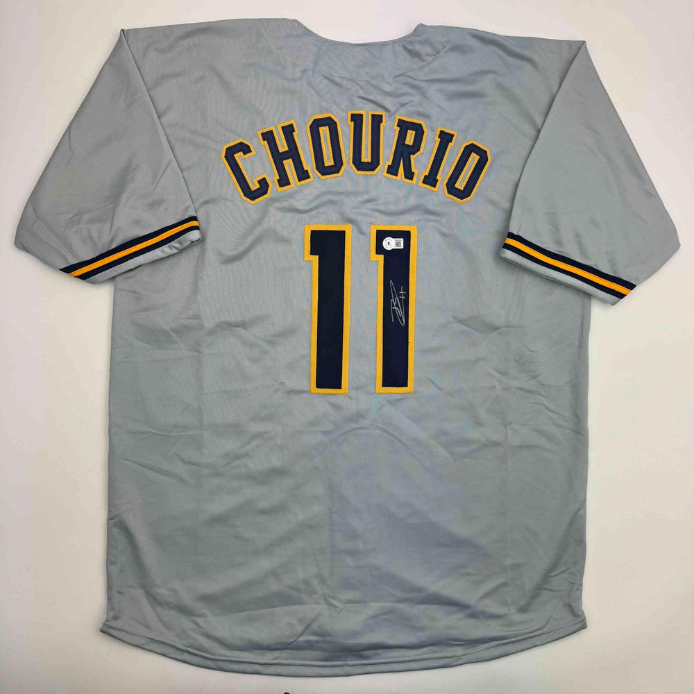Autographed/Signed Jackson Chourio Milwaukee Grey Baseball Jersey Beckett BAS COA