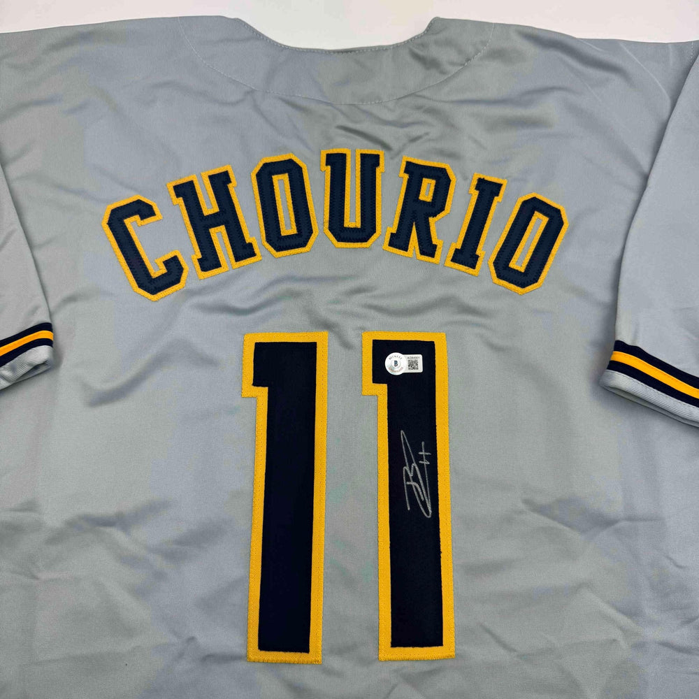 Autographed/Signed Jackson Chourio Milwaukee Grey Baseball Jersey Beckett BAS COA