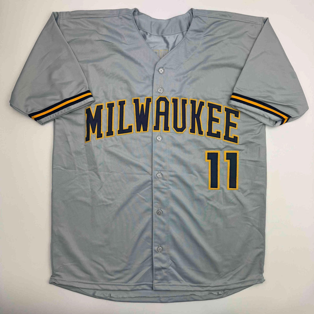 Autographed/Signed Jackson Chourio Milwaukee Grey Baseball Jersey Beckett BAS COA