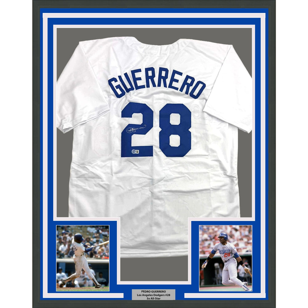 Framed Autographed/Signed Pedro Guerrero 35x39 Los Angeles LA White Baseball Jersey Beckett BAS COA